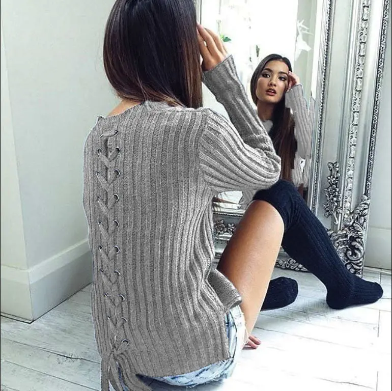 Sexy O Neck Knit Pullover Sweaters Long Sleeve Bandage Sweaters Women's Knitted Sweater Gv410 9
