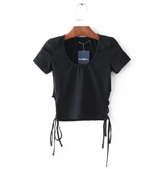 Sexy O Neck Lacing Up Side T Shirt Harajuku Koreanbrandage Tee Shirt Femme Crop Top Cropped Camisetas Mujer 3 Colors 1