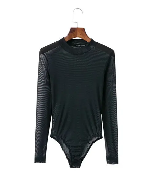 Sexy O Neck Long Sleeve Mesh Bodysuit Woman Solid Color Perspective Tight Short Jumpsuit Slim Fit Rompers Playsuits 4 Colors 1
