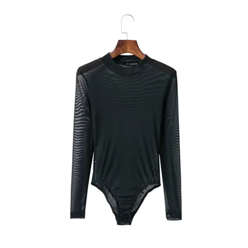 Sexy O Neck Long Sleeve Mesh Bodysuit Woman Solid Color Perspective Tight Short Jumpsuit Slim Fit Rompers Playsuits 4 Colors 5