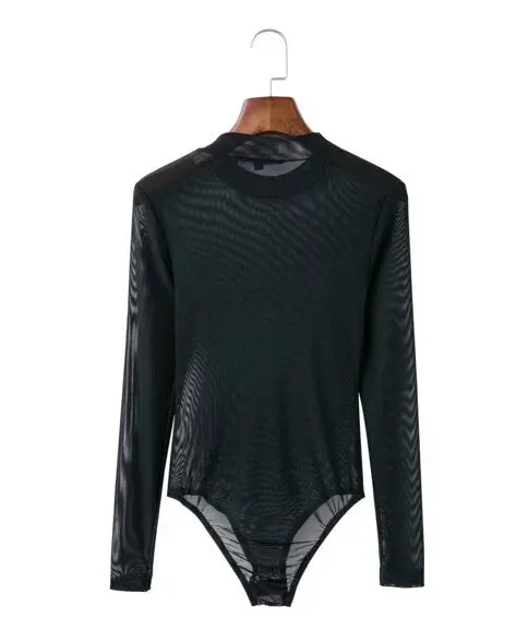 Sexy O Neck Long Sleeve Mesh Bodysuit Woman Solid Color Perspective Tight Short Jumpsuit Slim Fit Rompers Playsuits 4 Colors 6