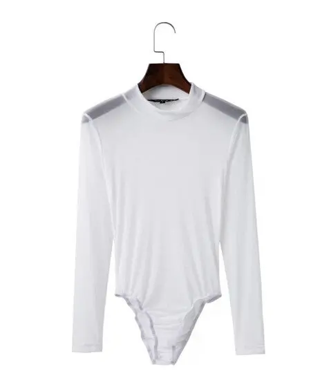 Sexy O Neck Long Sleeve Mesh Bodysuit Woman Solid Color Perspective Tight Short Jumpsuit Slim Fit Rompers Playsuits 4 Colors 7