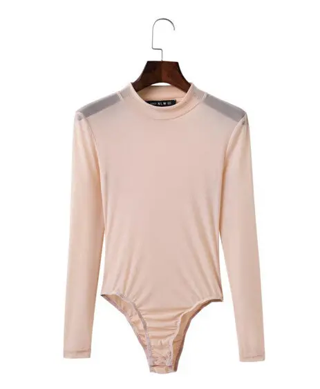 Sexy O Neck Long Sleeve Mesh Bodysuit Woman Solid Color Perspective Tight Short Jumpsuit Slim Fit Rompers Playsuits 4 Colors 9