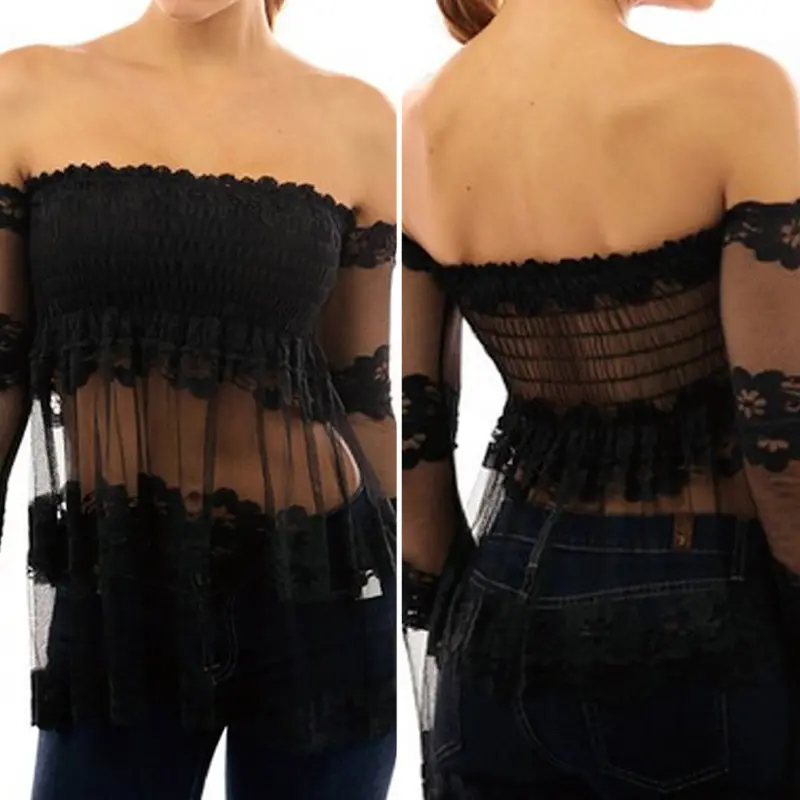 Sexy Off-Shoulder Backless Blouse Strapless Slash Neck Blusas Splice Long Sleeve Lace Tops Blusas Femininas Women Blouses 1