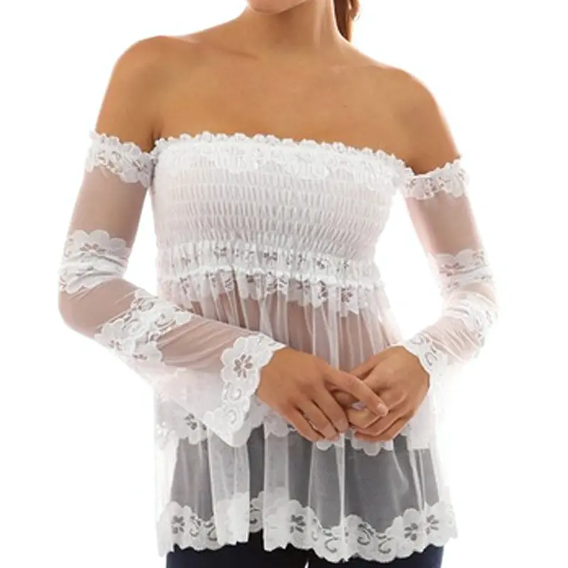 Sexy Off-Shoulder Backless Blouse Strapless Slash Neck Blusas Splice Long Sleeve Lace Tops Blusas Femininas Women Blouses 3
