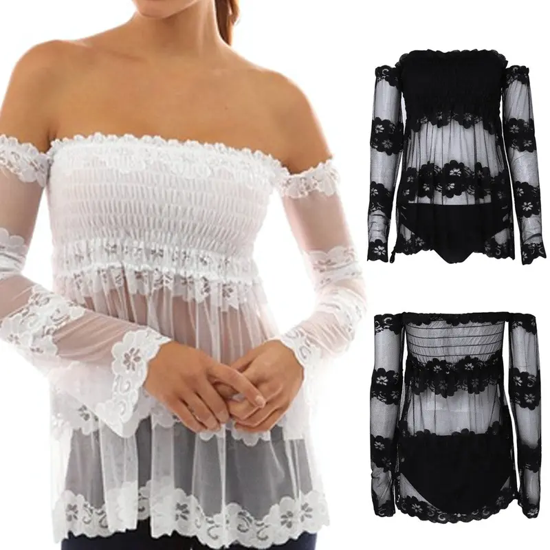 Sexy Off-Shoulder Backless Blouse Strapless Slash Neck Blusas Splice Long Sleeve Lace Tops Blusas Femininas Women Blouses 4