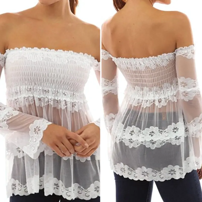 Sexy Off-Shoulder Backless Blouse Strapless Slash Neck Blusas Splice Long Sleeve Lace Tops Blusas Femininas Women Blouses 5