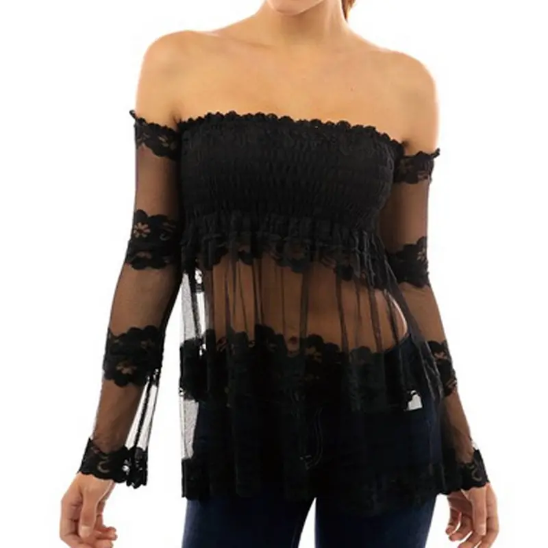 Sexy Off-Shoulder Backless Blouse Strapless Slash Neck Blusas Splice Long Sleeve Lace Tops Blusas Femininas Women Blouses 5