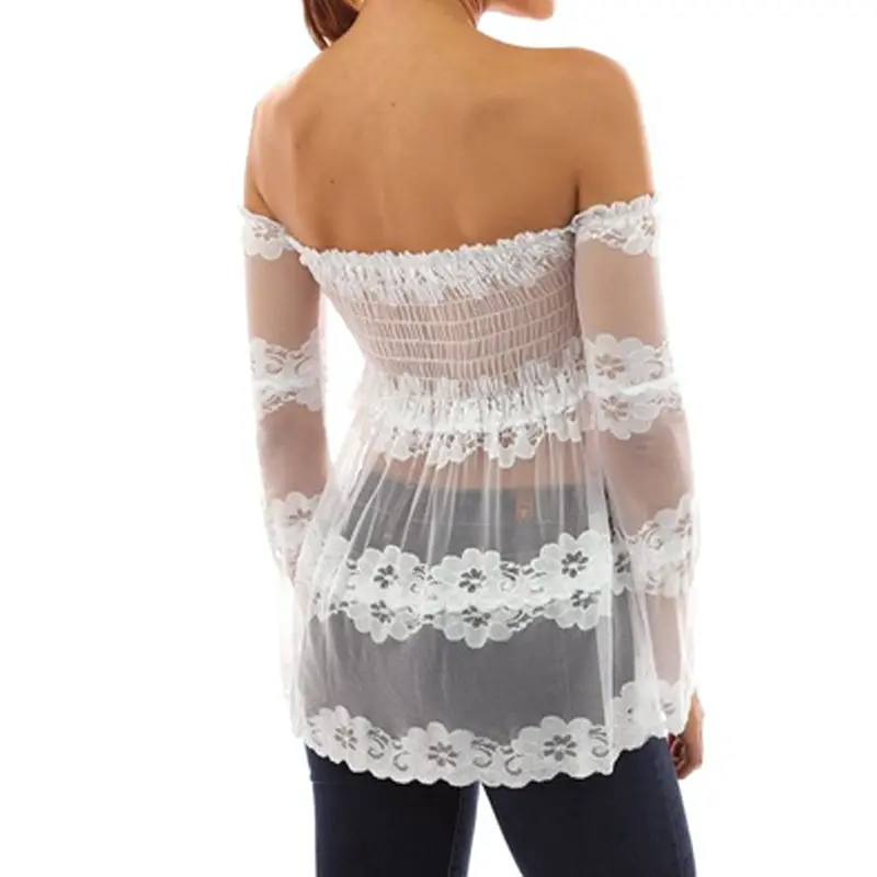 Sexy Off-Shoulder Backless Blouse Strapless Slash Neck Blusas Splice Long Sleeve Lace Tops Blusas Femininas Women Blouses 7