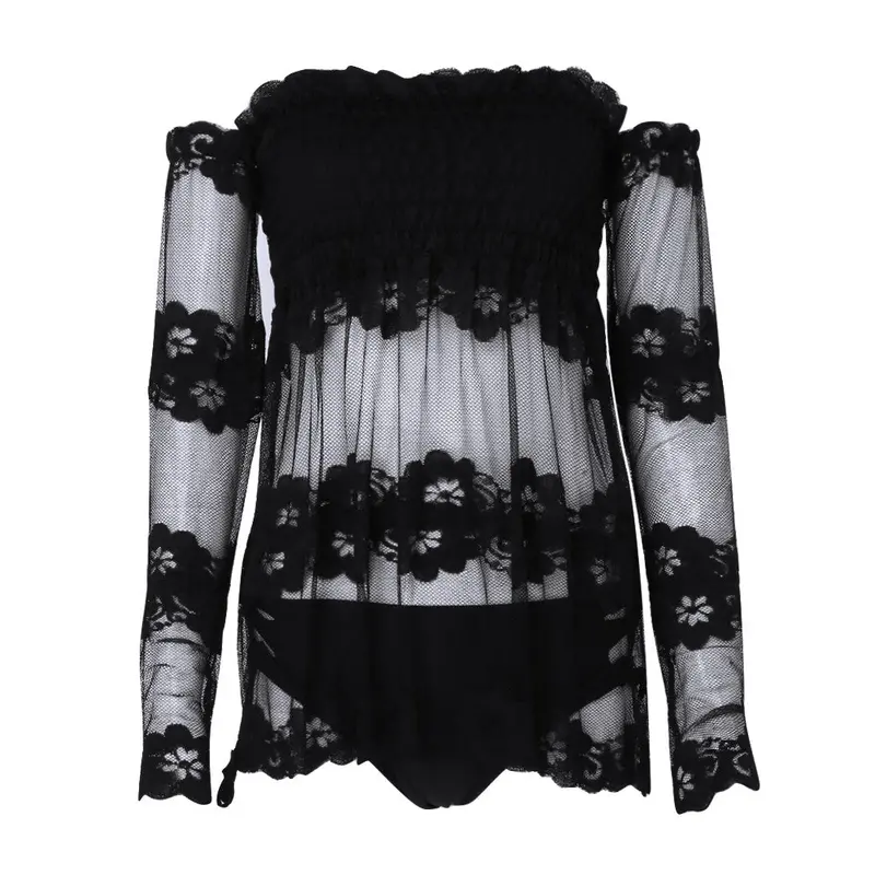 Sexy Off-Shoulder Backless Blouse Strapless Slash Neck Blusas Splice Long Sleeve Lace Tops Blusas Femininas Women Blouses 8