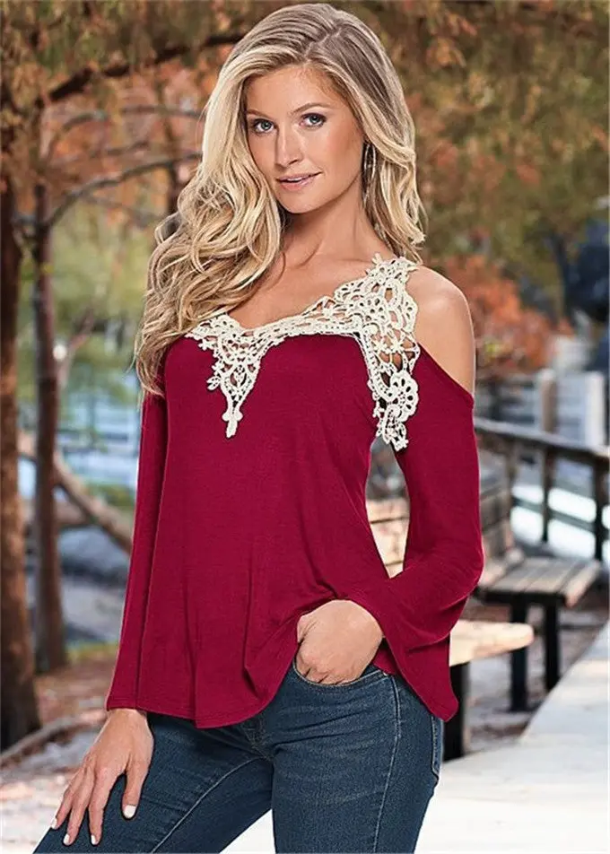 Sexy Off Shoulder Blouse Women Lace Crochet Blouses And Shirts Casual Top Cold Shoulder Tops Flare Sleeve Shirt Plus Size 1
