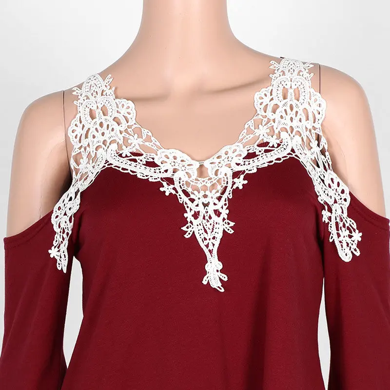 Sexy Off Shoulder Blouse Women Lace Crochet Blouses And Shirts Casual Top Cold Shoulder Tops Flare Sleeve Shirt Plus Size 10