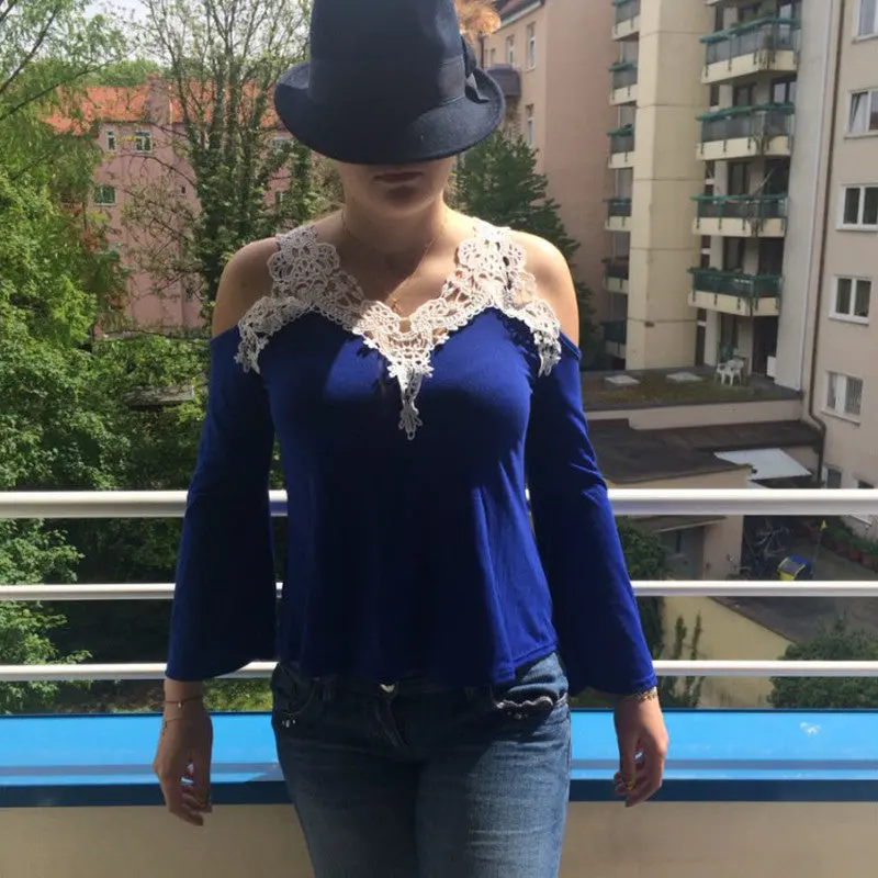 Sexy Off Shoulder Blouse Women Lace Crochet Blouses And Shirts Casual Top Cold Shoulder Tops Flare Sleeve Shirt Plus Size 7