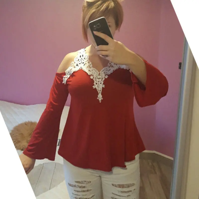 Sexy Off Shoulder Blouse Women Lace Crochet Blouses And Shirts Casual Top Cold Shoulder Tops Flare Sleeve Shirt Plus Size 8