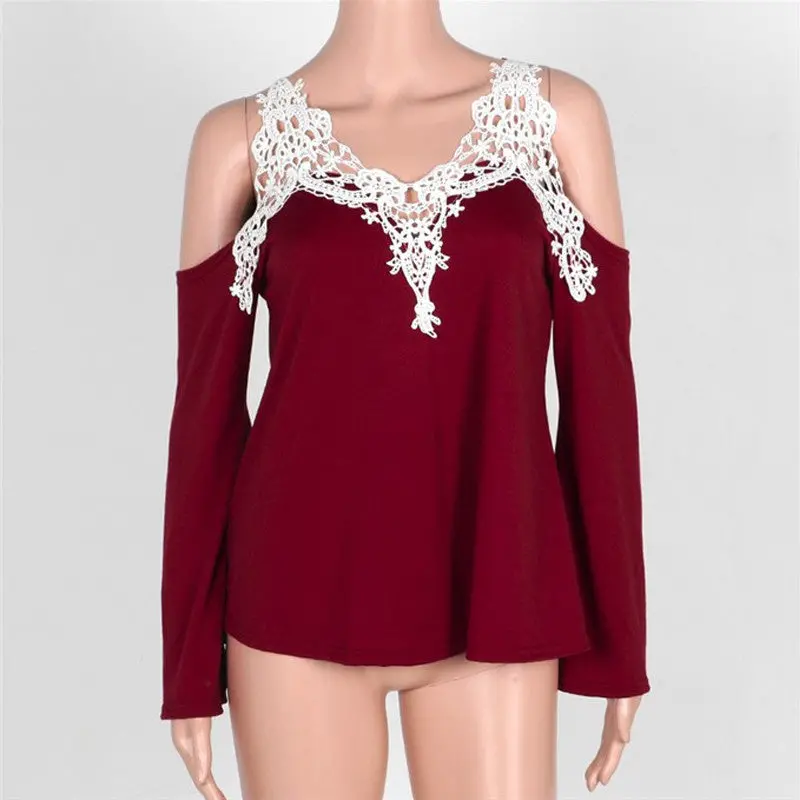 Sexy Off Shoulder Blouse Women Lace Crochet Blouses And Shirts Casual Top Cold Shoulder Tops Flare Sleeve Shirt Plus Size 9