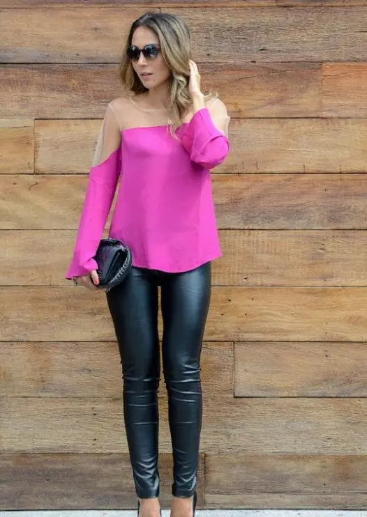 Sexy Off Shoulder Chiffon Blouse Women Long Sleeve Mesh Patchwork Shirts Women Plus Size Blusa Feminina Xl 4