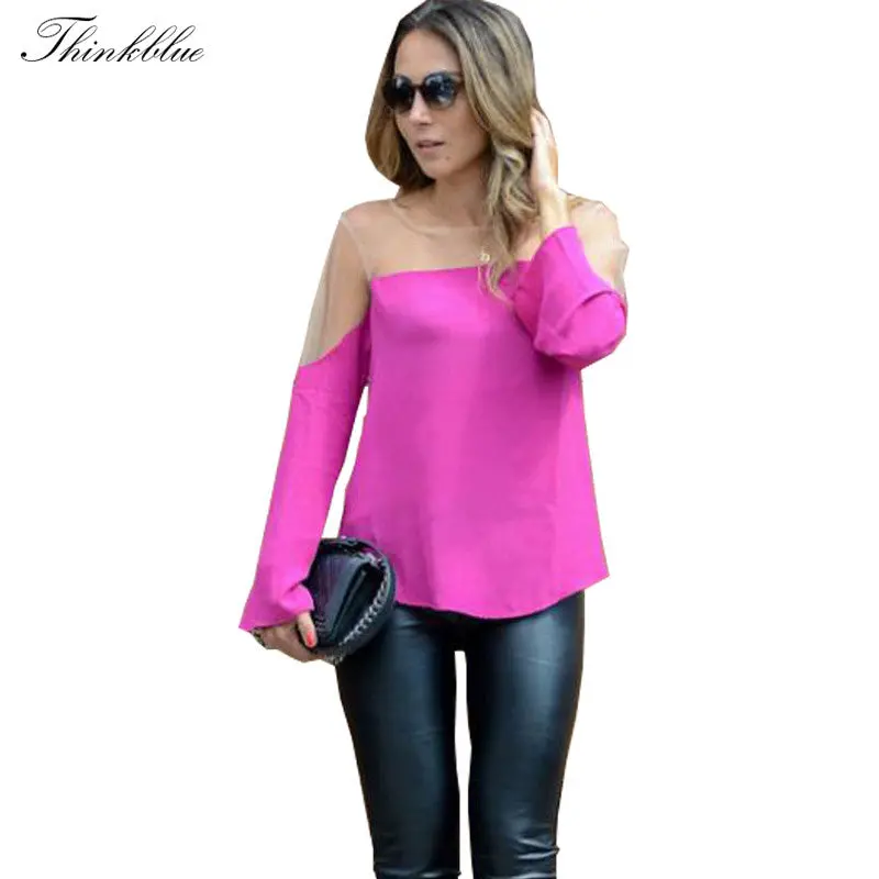 Sexy Off Shoulder Chiffon Blouse Women Long Sleeve Mesh Patchwork Shirts Women Plus Size Blusa Feminina Xl 5