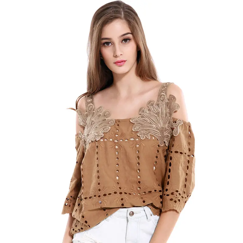 Sexy Off Shoulder Crochet Blouse Fashion Women Three-Quarter Sleeve Casual Basic Cotton Shirt Tops Blusass 1