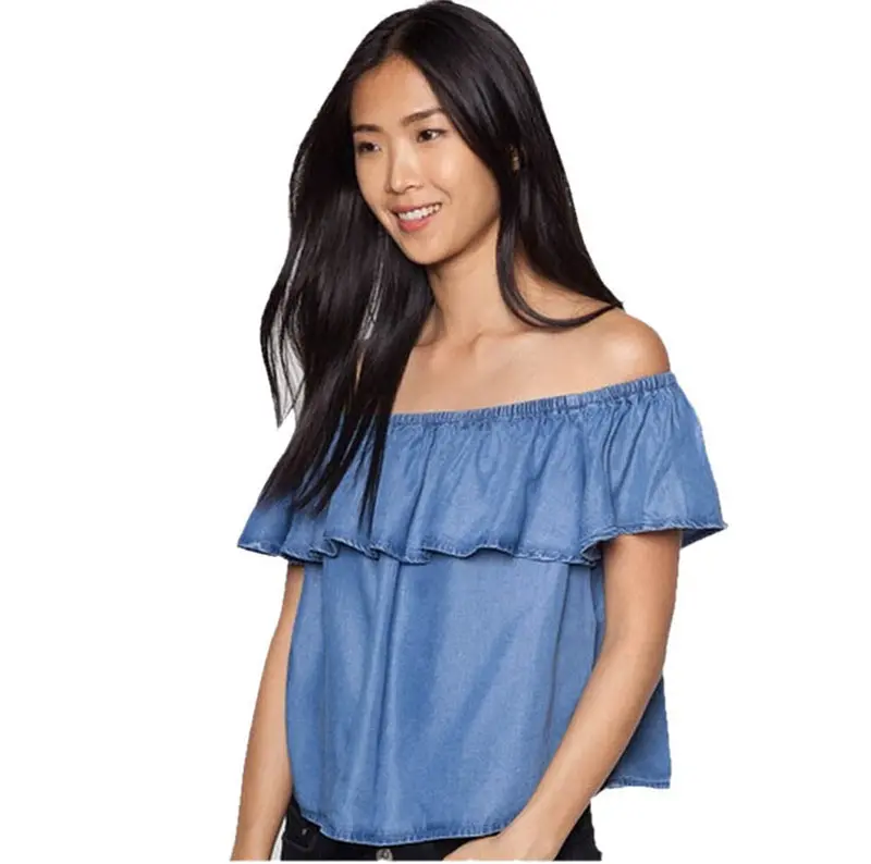 Sexy Off Shoulder Design Women 100% Cotton Denim Shirt Top Y Camisas Mujer Vetement Femme Goforward 1