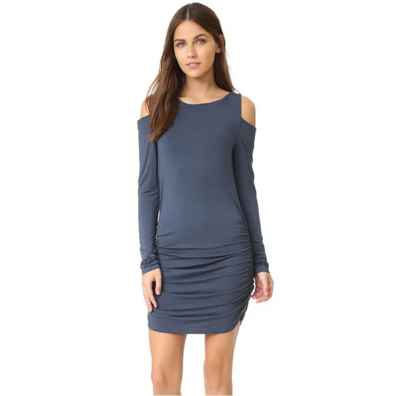 Sexy Off Shoulder Dress Robe Femme Long Sleeve Slim Draped Bodycon Dress Cold Shoulder Mini Party Dress Ropa Mujer 1