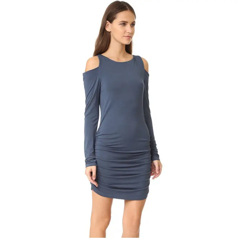 Sexy Off Shoulder Dress Robe Femme Long Sleeve Slim Draped Bodycon Dress Cold Shoulder Mini Party Dress Ropa Mujer 3