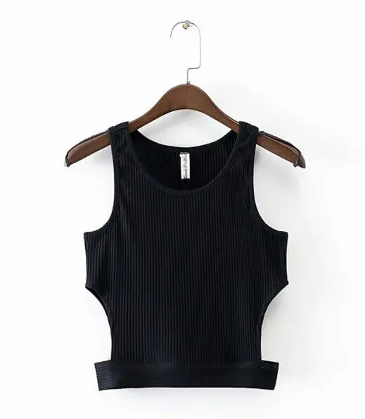 Sexy Off Shoulder Hollow Out Side Short Tshirt Knitwear Women Solid Color O Neck Sleeveless Knit Crop Top Tee Black 1