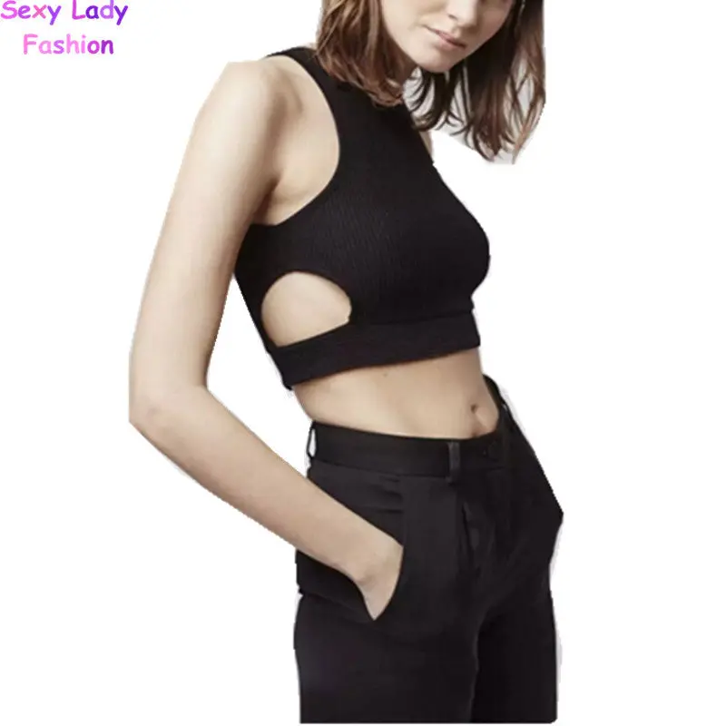 Sexy Off Shoulder Hollow Out Side Short Tshirt Knitwear Women Solid Color O Neck Sleeveless Knit Crop Top Tee Black 2