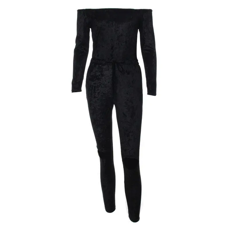 Sexy Off Shoulder Jumpsuit Women Cut Hole Velvet Overalls Femme Slash Neck Sexy Bodycon Jumpsuit Rompers Women 1