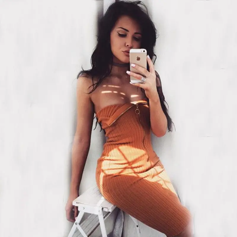 Sexy Off Shoulder Knitted Dress Strapless Zipper Up Bodycon Dress Slim Knee Length Party Wrap Dresses For Women 3