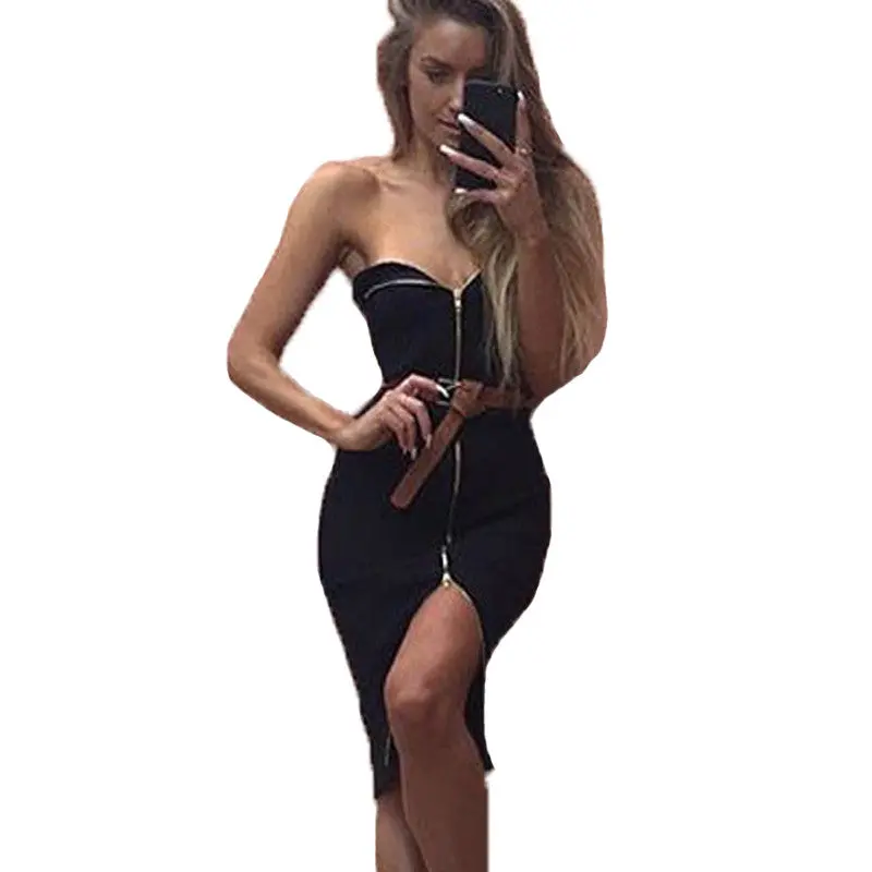 Sexy Off Shoulder Knitted Dress Strapless Zipper Up Bodycon Dress Slim Knee Length Party Wrap Dresses For Women 3