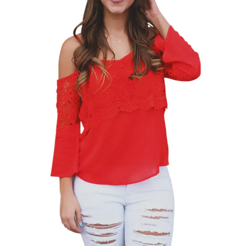 Sexy Off Shoulder Lace Women Tops Long Sleeve Shirt Women Hollow Out Sleeve Crop Tops Women Blouse Blusa Plus Size 1