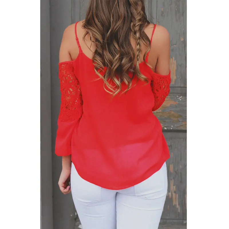 Sexy Off Shoulder Lace Women Tops Long Sleeve Shirt Women Hollow Out Sleeve Crop Tops Women Blouse Blusa Plus Size 2