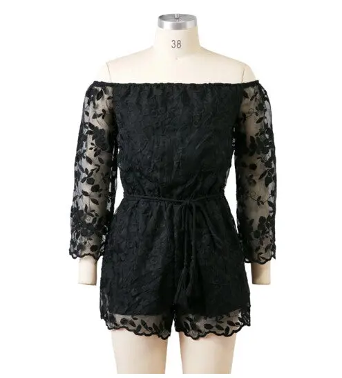 Sexy Off Shoulder Organza Embroidery Jumpsuit Women Slash Neck Long Sleeve Short Pants Romper Overalls White Black 1