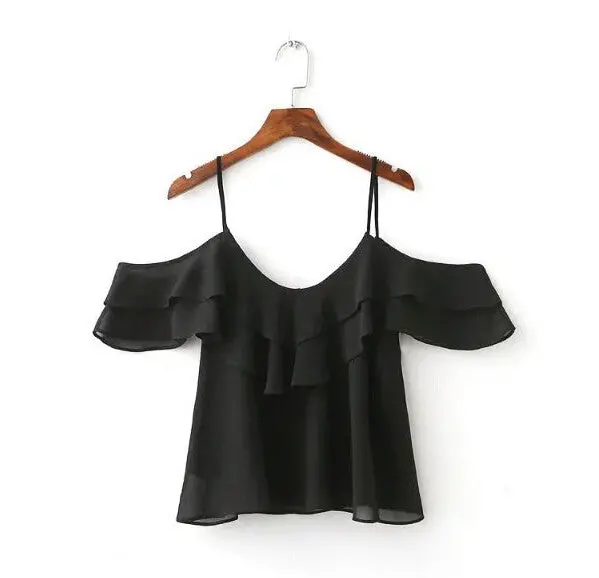 Sexy Off Shoulder Ruffles Deep V Neck Chiffon Camis Women Solid Color Tee Short Tanks 3 Colors S M L 1