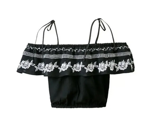 Sexy Off Shoulder Ruffles Elastic Slash Neck Camis Women Embroidery Tee Short T-Shirt Crop Top Black Color 1