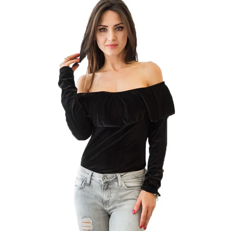 Sexy Off Shoulder Shirts Women Slim Slash Neck Ruffle Top Solid Color Long Sleeve T Shirt For Women Tops Tees 1