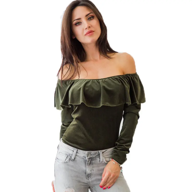 Sexy Off Shoulder Shirts Women Slim Slash Neck Ruffle Top Solid Color Long Sleeve T Shirt For Women Tops Tees 5