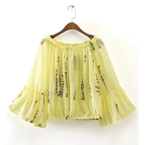 Sexy Off Shoulder Slash Neck Print Shirt Woman Flare Sleeve Elastic Hem Pullover Blouse Loose Tops Blusas Femme 1