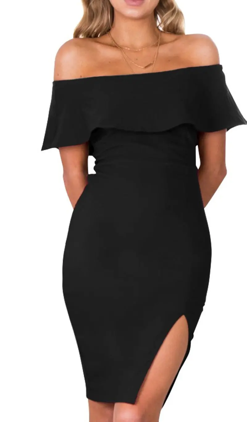 Sexy Off Shoulder Slash Rullfed Dress Women Split Hem Bodycon Dress Casual Solid Package Hip Dress Vestidos X0363 1