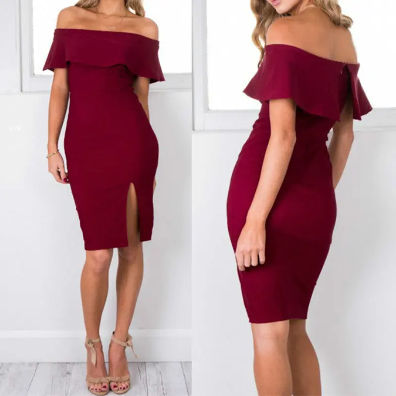 Sexy Off Shoulder Slash Rullfed Dress Women Split Hem Bodycon Dress Casual Solid Package Hip Dress Vestidos X0363 4