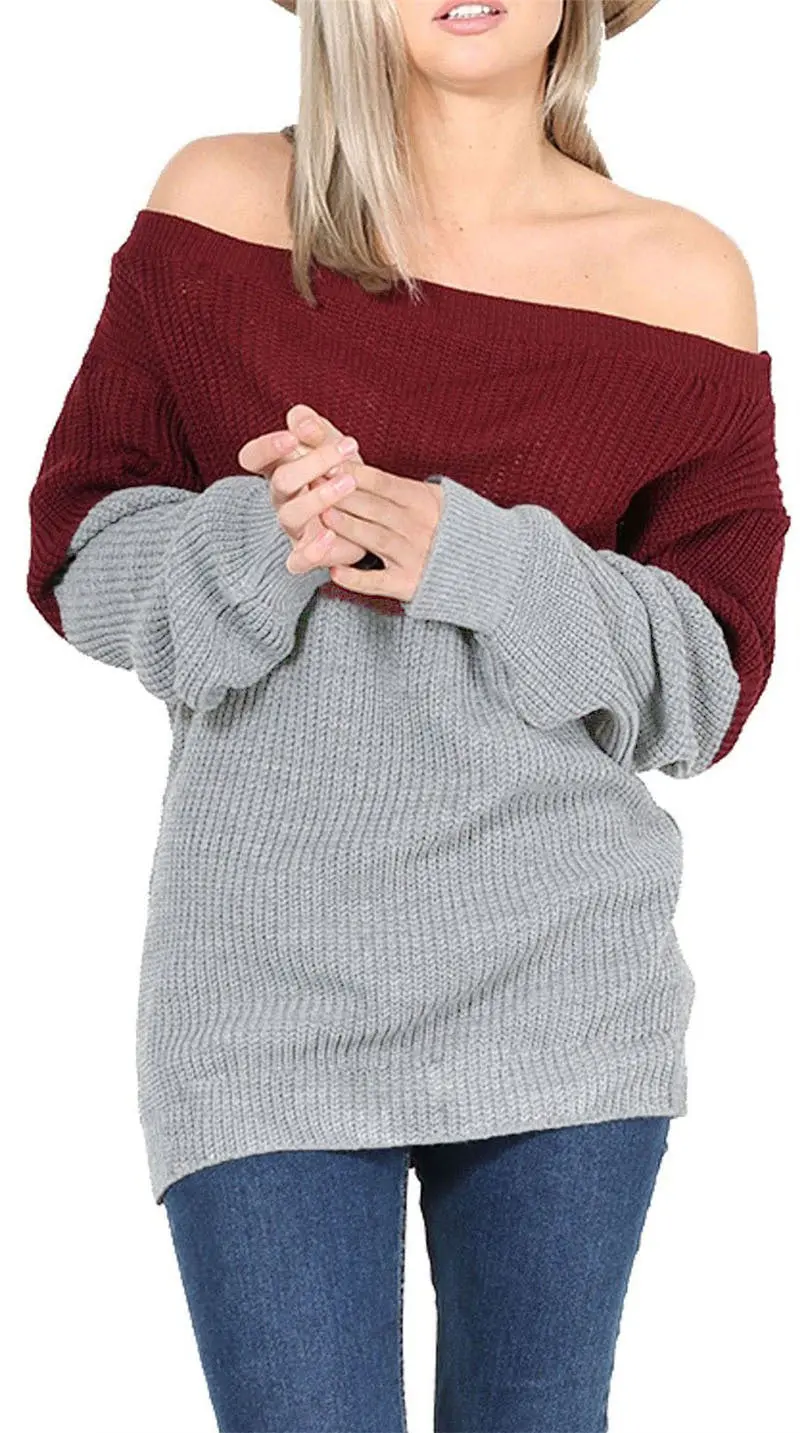 Sexy Off Shoulder Sweater Tops Warm Women's Contrast Color Pullovers Plus Size 3 Color Sweater Shirts Lx100 4