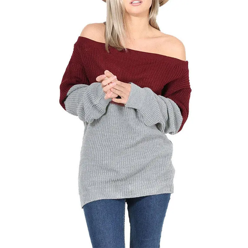 Sexy Off Shoulder Sweater Tops Warm Women's Contrast Color Pullovers Plus Size 3 Color Sweater Shirts Lx100 5