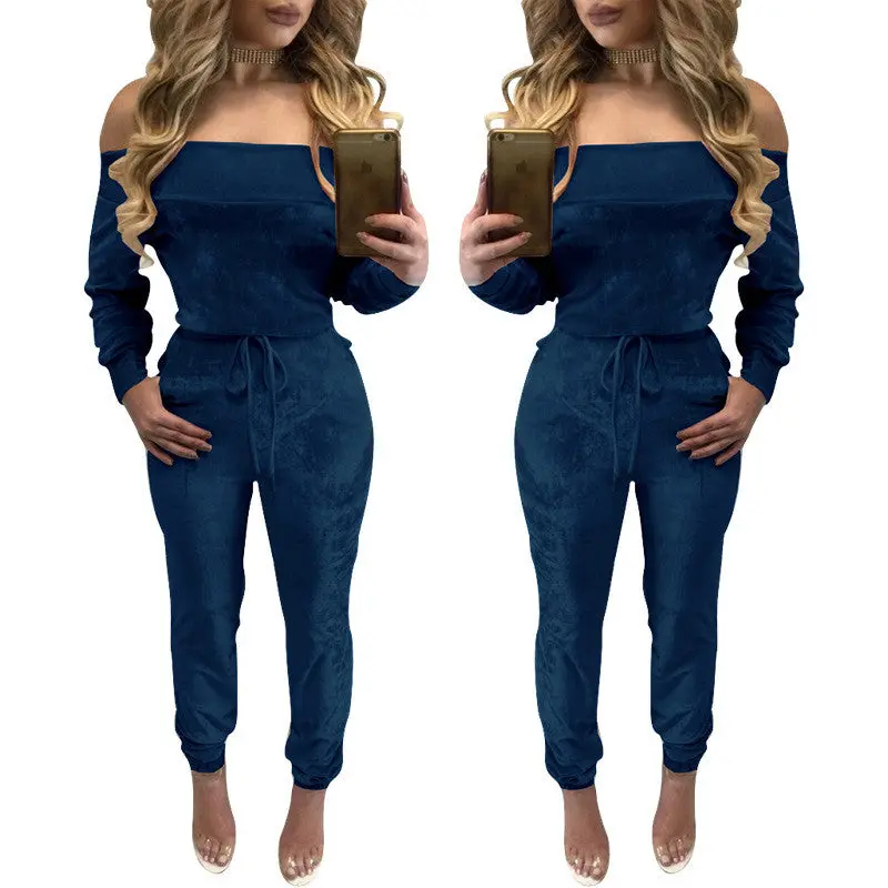 Sexy Off The Shoulder Pleuche Drawstring Long Jumpsuit Puls Size Women's Pink Blue Rompers Costomes Femininos Lx137 1