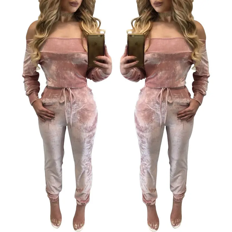 Sexy Off The Shoulder Pleuche Drawstring Long Jumpsuit Puls Size Women's Pink Blue Rompers Costomes Femininos Lx137 3