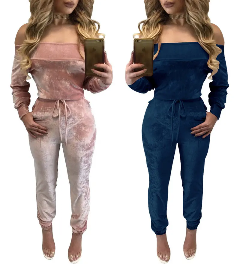 Sexy Off The Shoulder Pleuche Drawstring Long Jumpsuit Puls Size Women's Pink Blue Rompers Costomes Femininos Lx137 4