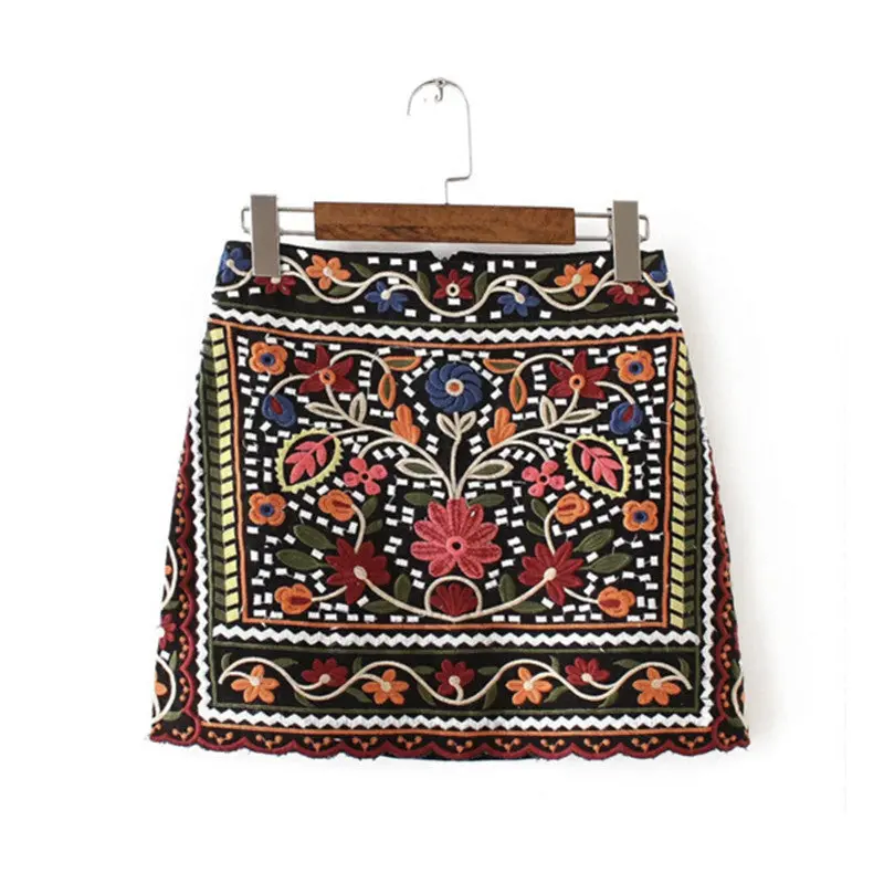 Sexy Package Hips Flower Embroidery Skirt Women Boho Contrast Color Black Mini Short Skirts Femme 2