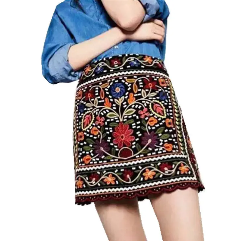 Sexy Package Hips Flower Embroidery Skirt Women Boho Contrast Color Black Mini Short Skirts Femme 3