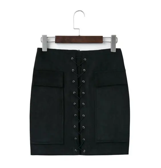Sexy Package Hips Metel Hole Lacing Up Faux Suede Skirt Woman Solid Color Pockets On Front Mini Short Skirts Femme 5 Colors 1