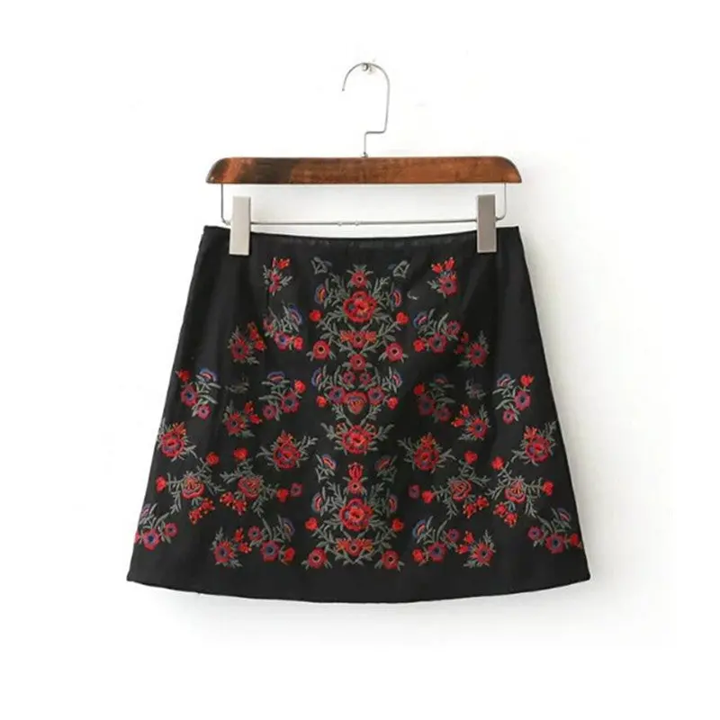 Sexy Package Hips Red Floral Embroidery Skirt Women Contrast Color Black Mini Short Skirts Femme S M L 1