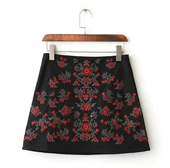 Sexy Package Hips Red Floral Embroidery Skirt Women Contrast Color Black Mini Short Skirts Femme S M L 3